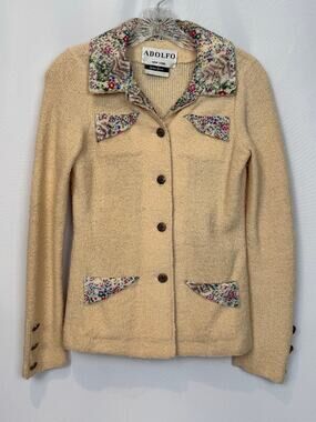 Vintage Adolfo New York Neiman Marcus Boucle Jacket Floral Trim Sz S